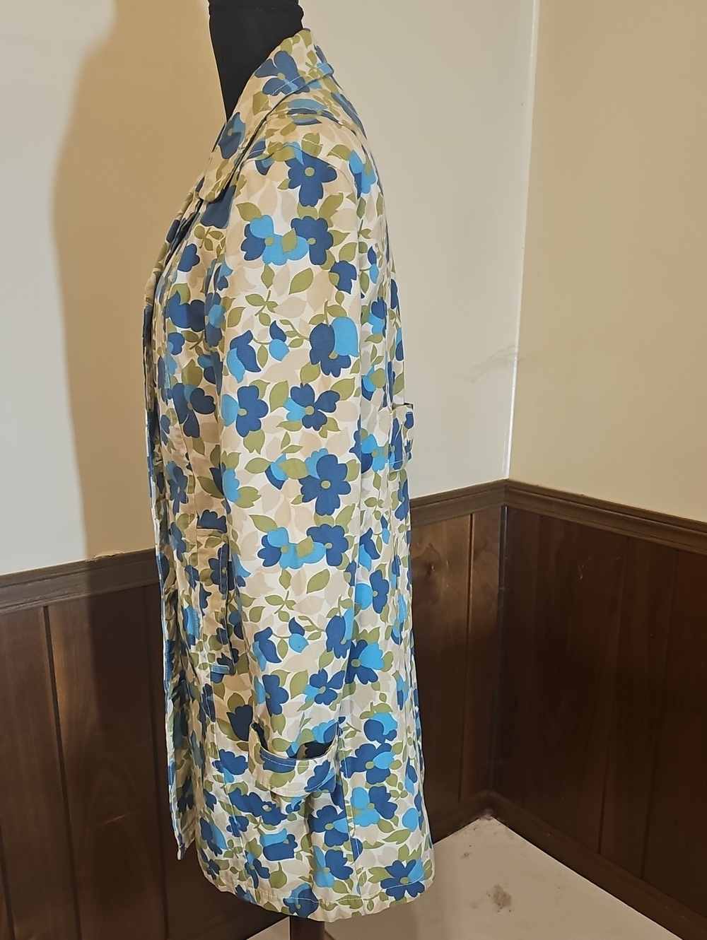 Vintage Old Navy Floral Trench Coat Raincoat Blue Green Size M - Picture 2 of 8